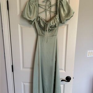 Cider Mint Green Backless Puff Sleeve Dress